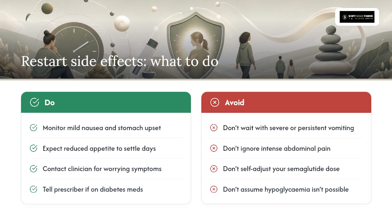Side effects after a missed or restarted dose: what's normal, what's urgent — overview diagram