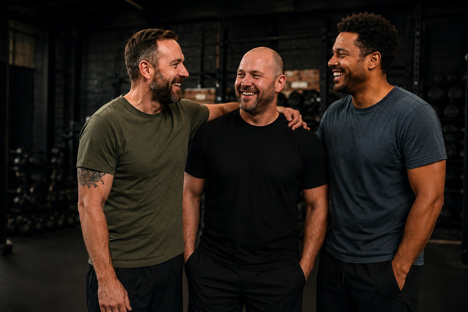 Three men sharing a relaxed conversation