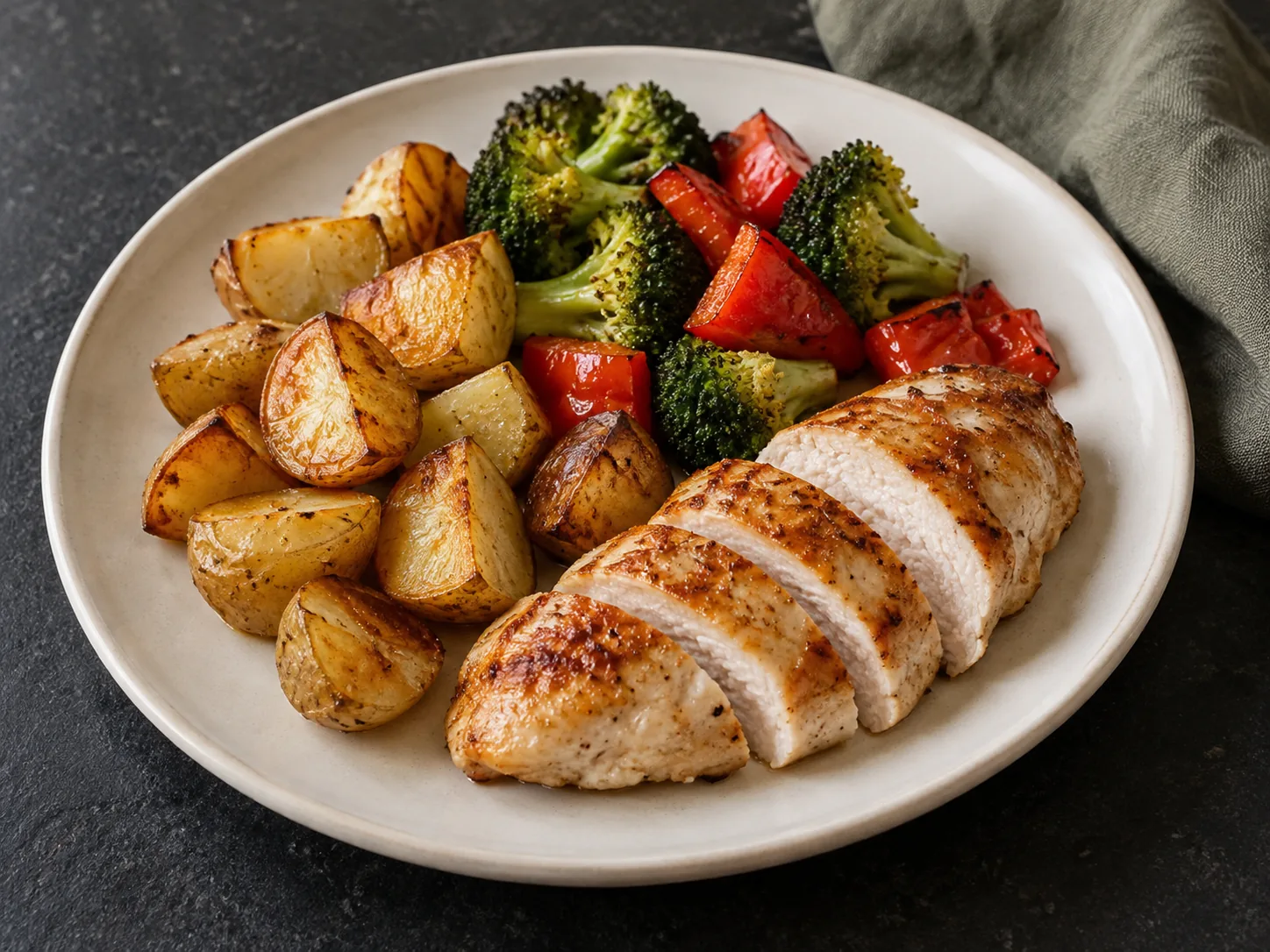 Chicken traybake with roast potatoes, broccoli and peppers from the Grub catalogue