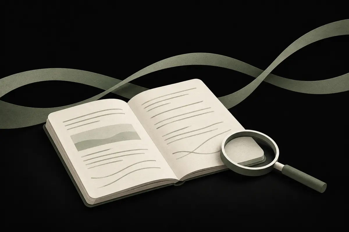 Original research illustration: an open notebook and magnifying glass